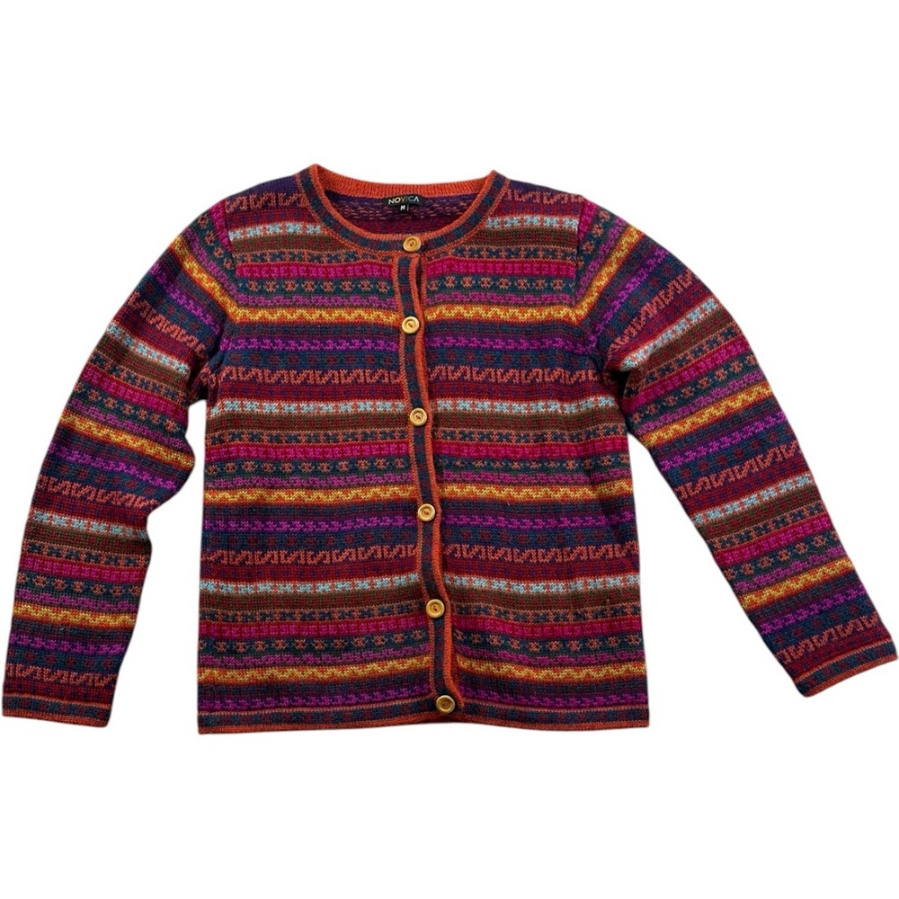 Novica Striped 100% Alpaca Cardigan Sweater Size Medium